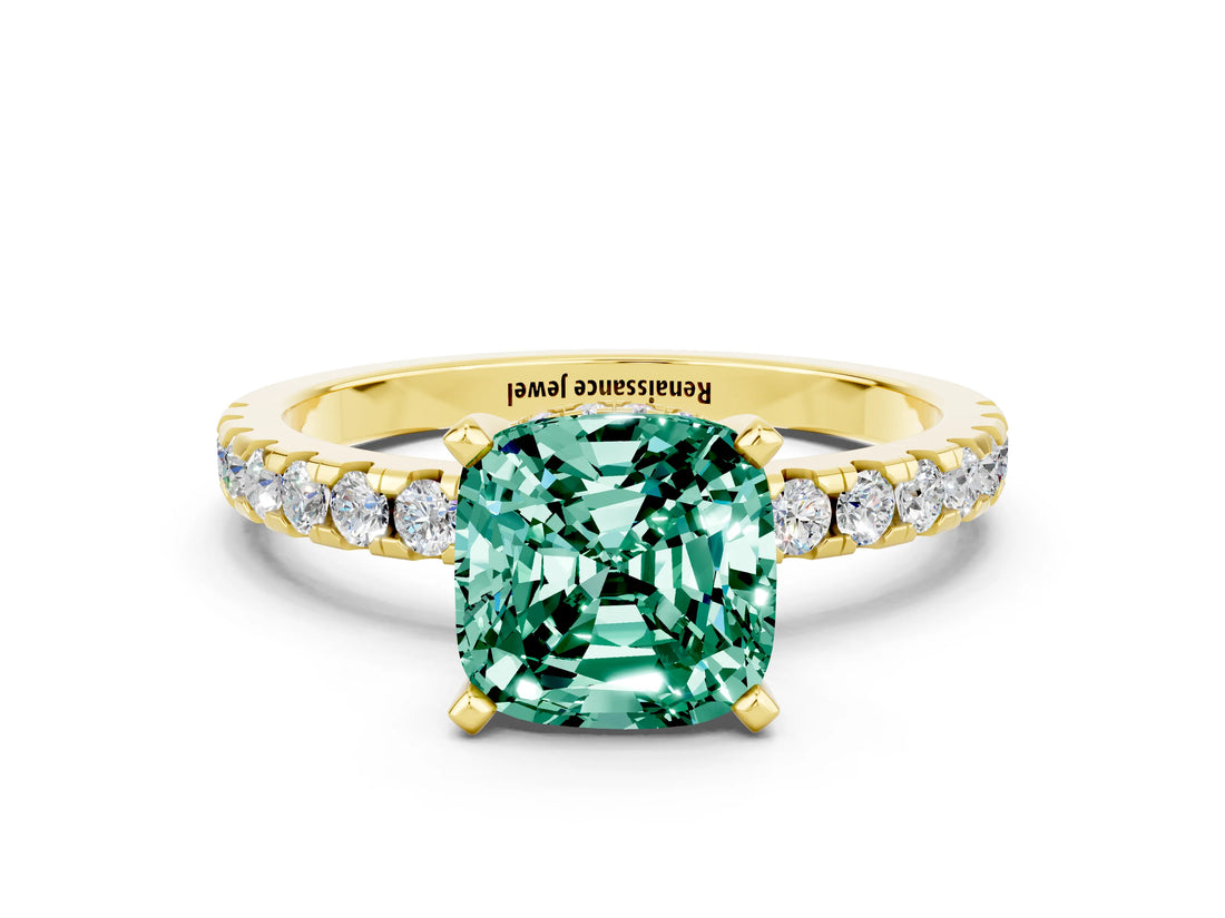 Yellow gold Cushion Cut Green Sapphire Solitaire Ring with Round  Pavé Band and Four-Prong Setting_36