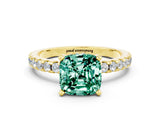 Yellow gold Cushion Cut Green Sapphire Solitaire Ring with Round  Pavé Band and Four-Prong Setting_36