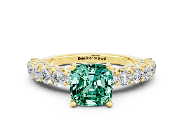 Yellow gold Cushion Cut Green Sapphire Solitaire Ring with Shared Prong Pavé Band and Four-Prong Setting