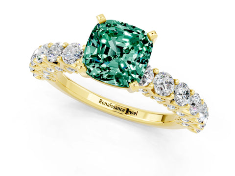 Yellow gold Cushion Cut Green Sapphire Solitaire Ring with Shared Prong Pavé Band and Four-Prong Setting_1