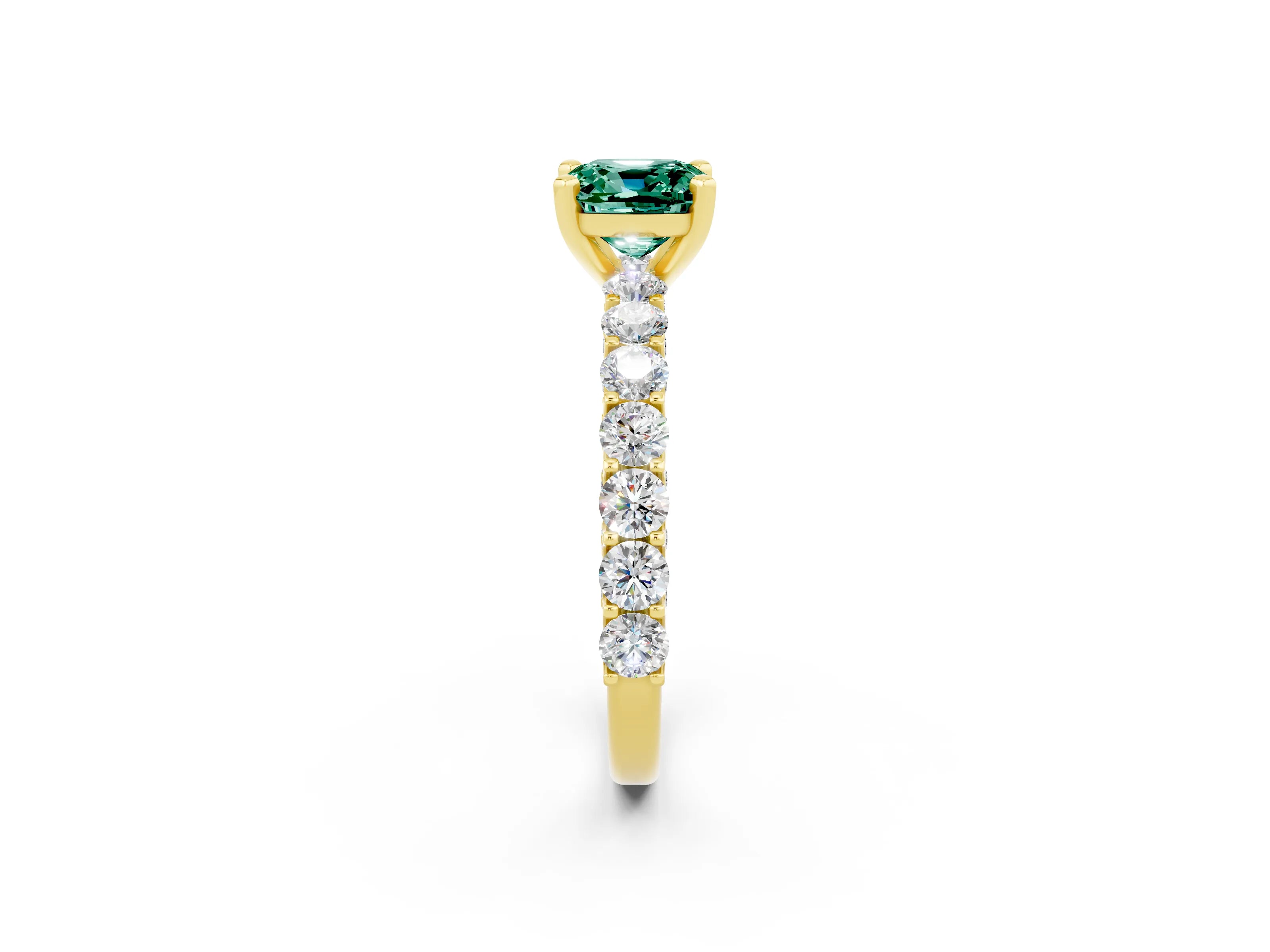 Yellow gold Cushion Cut Green Sapphire Solitaire Ring with Shared Prong Pavé Band and Four-Prong Setting_2