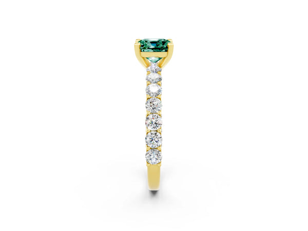 Yellow gold Cushion Cut Green Sapphire Solitaire Ring with Shared Prong Pavé Band and Four-Prong Setting