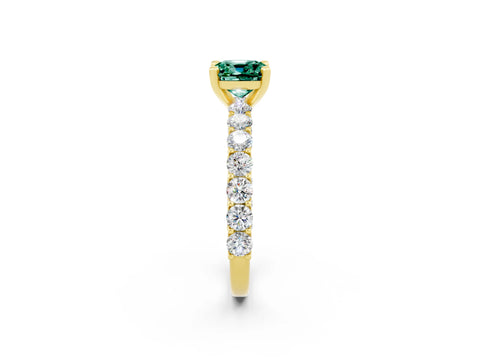 Yellow gold Cushion Cut Green Sapphire Solitaire Ring with Shared Prong Pavé Band and Four-Prong Setting_2