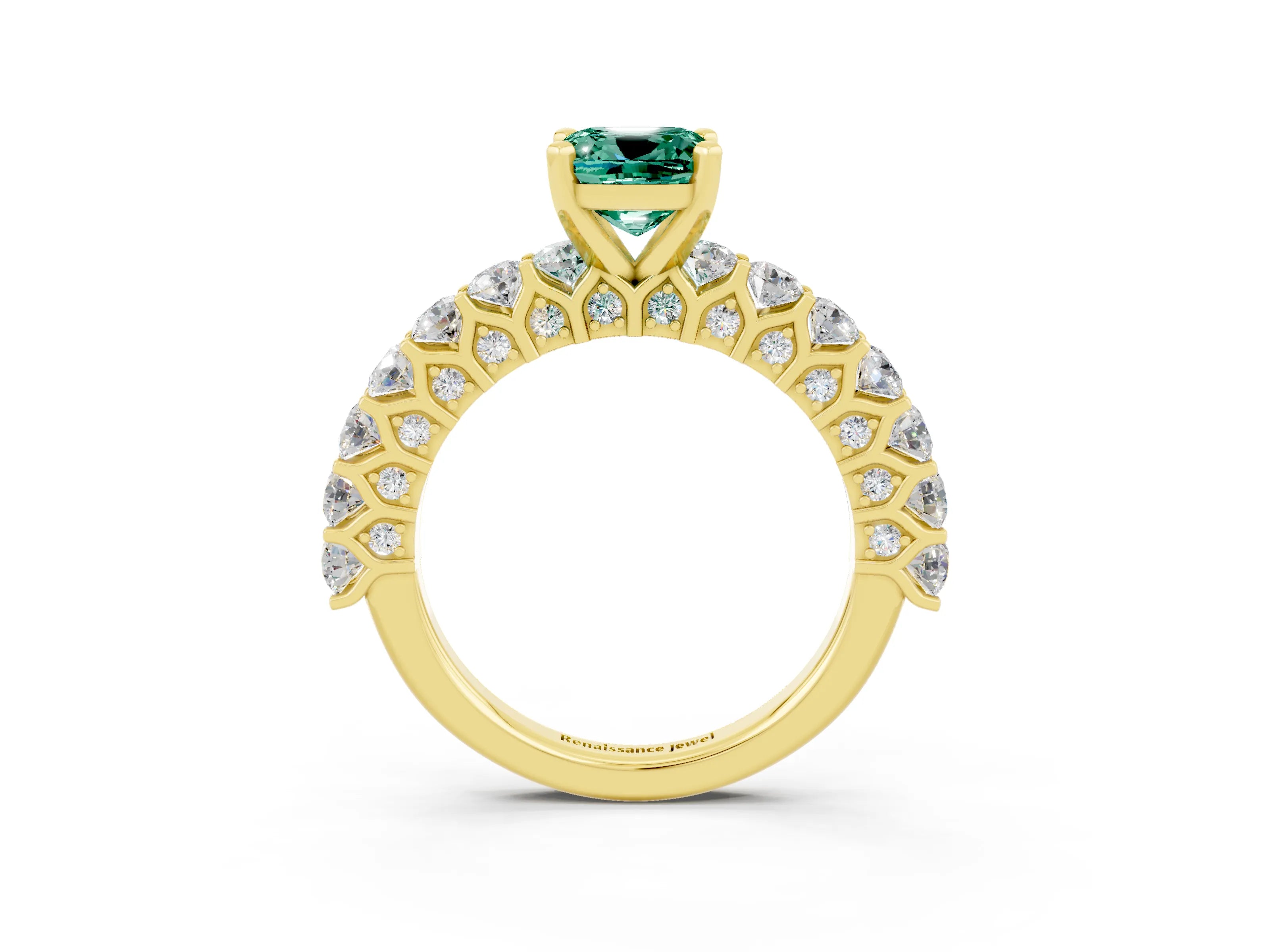 Yellow gold Cushion Cut Green Sapphire Solitaire Ring with Shared Prong Pavé Band and Four-Prong Setting_3