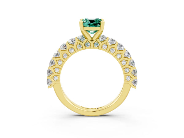 Yellow gold Cushion Cut Green Sapphire Solitaire Ring with Shared Prong Pavé Band and Four-Prong Setting