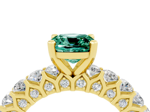 Yellow gold Cushion Cut Green Sapphire Solitaire Ring with Shared Prong Pavé Band and Four-Prong Setting_4