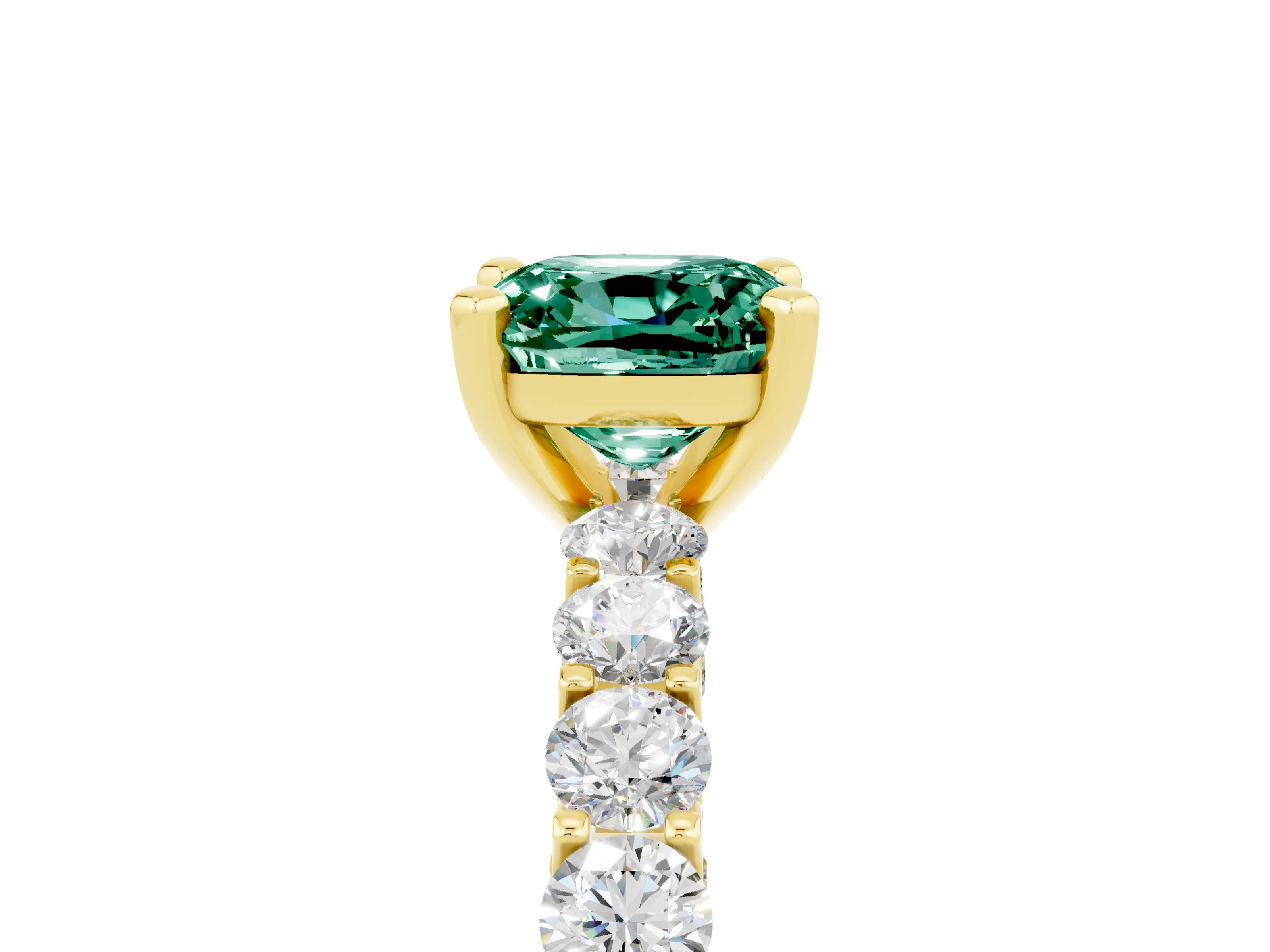 Yellow gold Cushion Cut Green Sapphire Solitaire Ring with Shared Prong Pavé Band and Four-Prong Setting_5