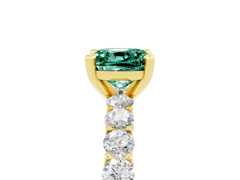 Yellow gold Cushion Cut Green Sapphire Solitaire Ring with Shared Prong Pavé Band and Four-Prong Setting_5