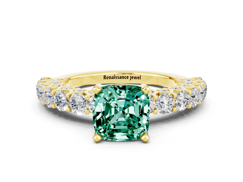 Yellow gold Cushion Cut Green Sapphire Solitaire Ring with Shared Prong Pavé Band and Four-Prong Setting