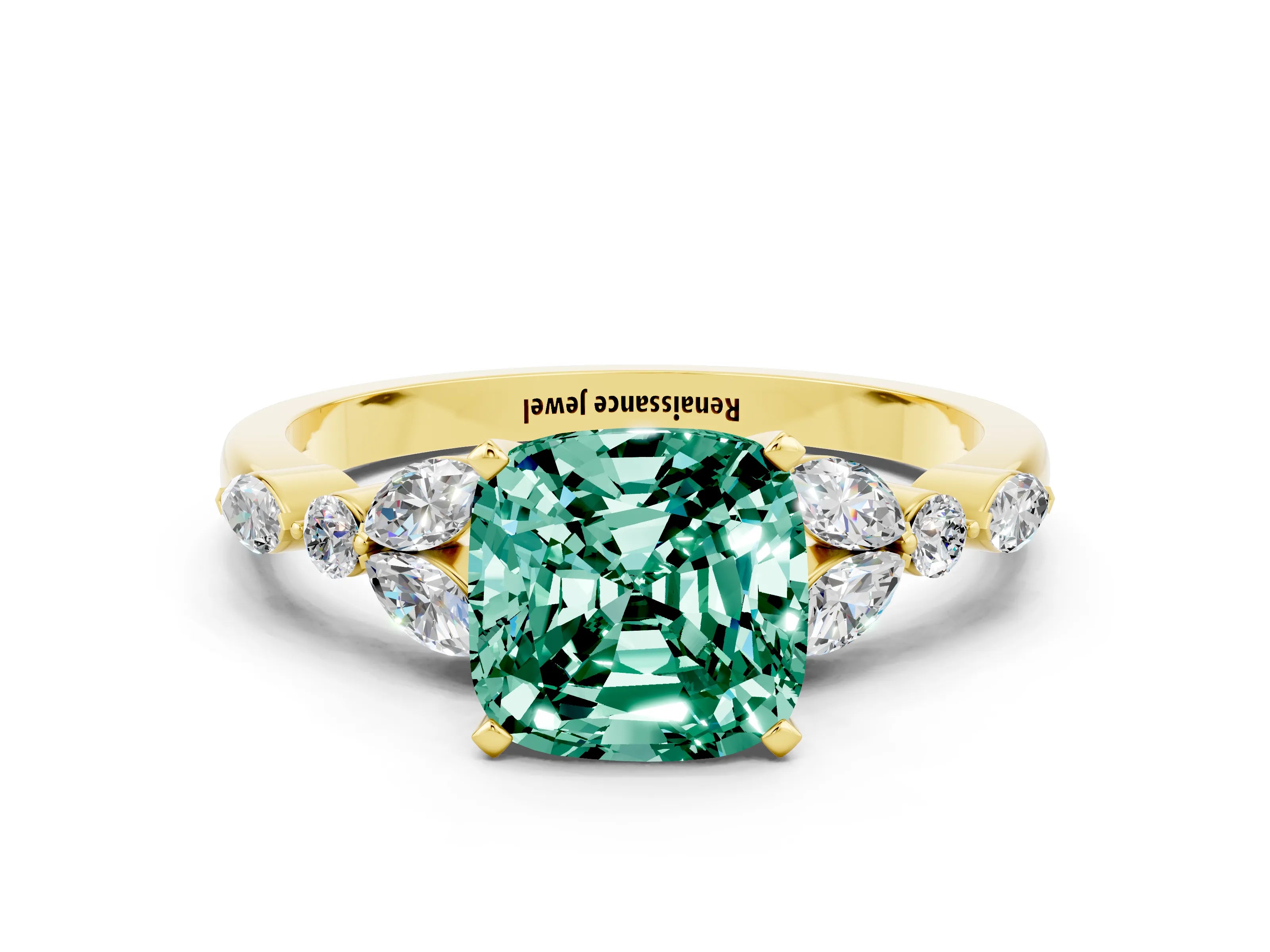 Yellow gold Cushion Cut Green Sapphire Solitaire Ring with Side Stones and Four-Prong Setting_12