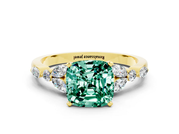 Yellow gold Cushion Cut Green Sapphire Solitaire Ring with Side Stones and Four-Prong Setting