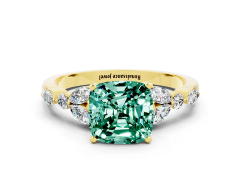 Yellow gold Cushion Cut Green Sapphire Solitaire Ring with Side Stones and Four-Prong Setting_12