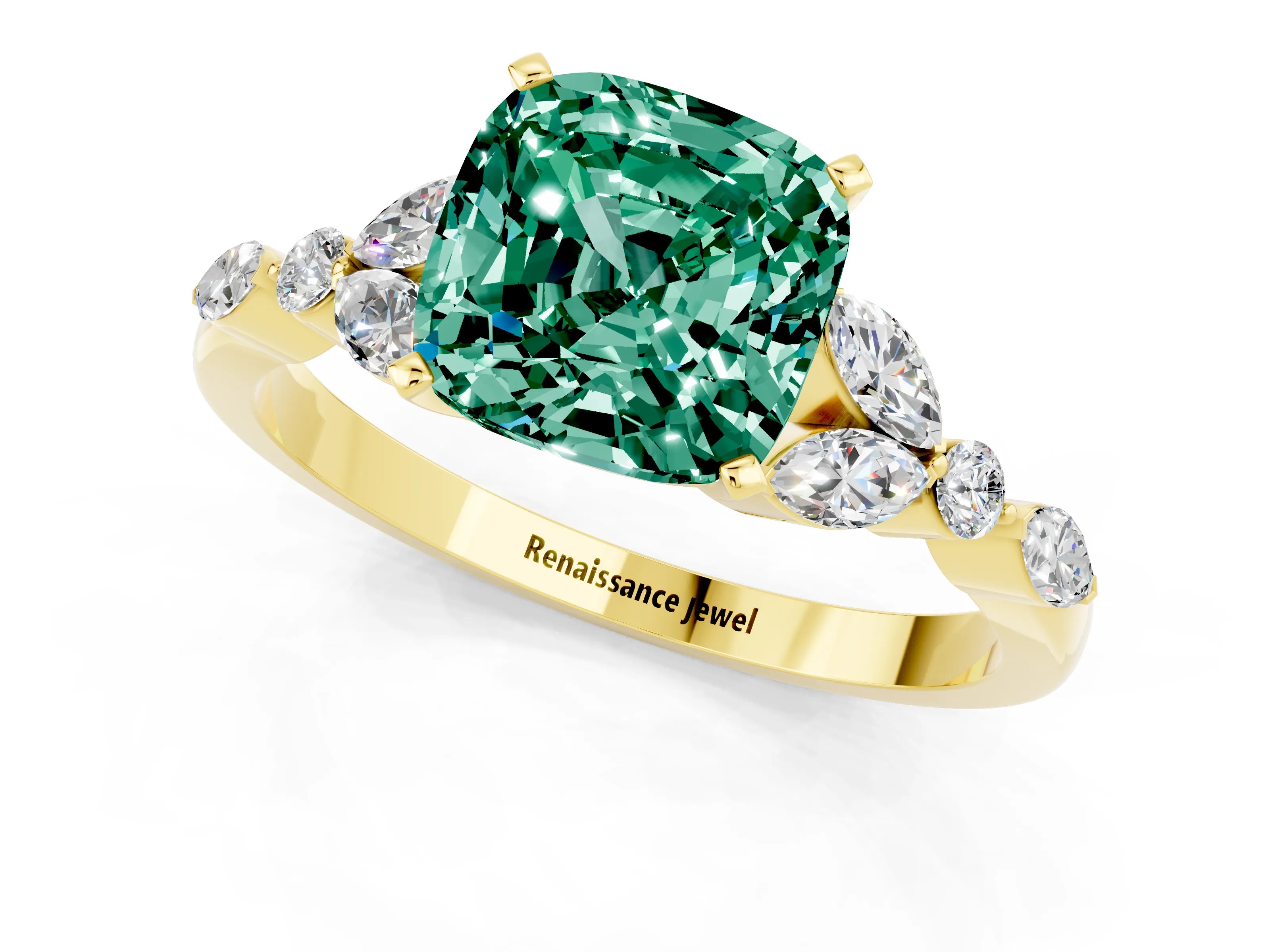 Yellow gold Cushion Cut Green Sapphire Solitaire Ring with Side Stones and Four-Prong Setting_13