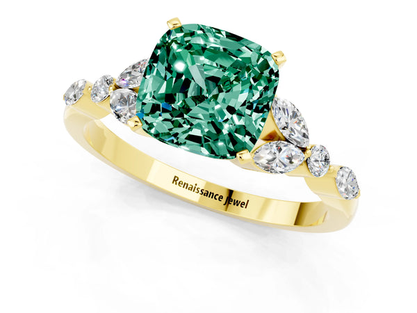 Yellow gold Cushion Cut Green Sapphire Solitaire Ring with Side Stones and Four-Prong Setting
