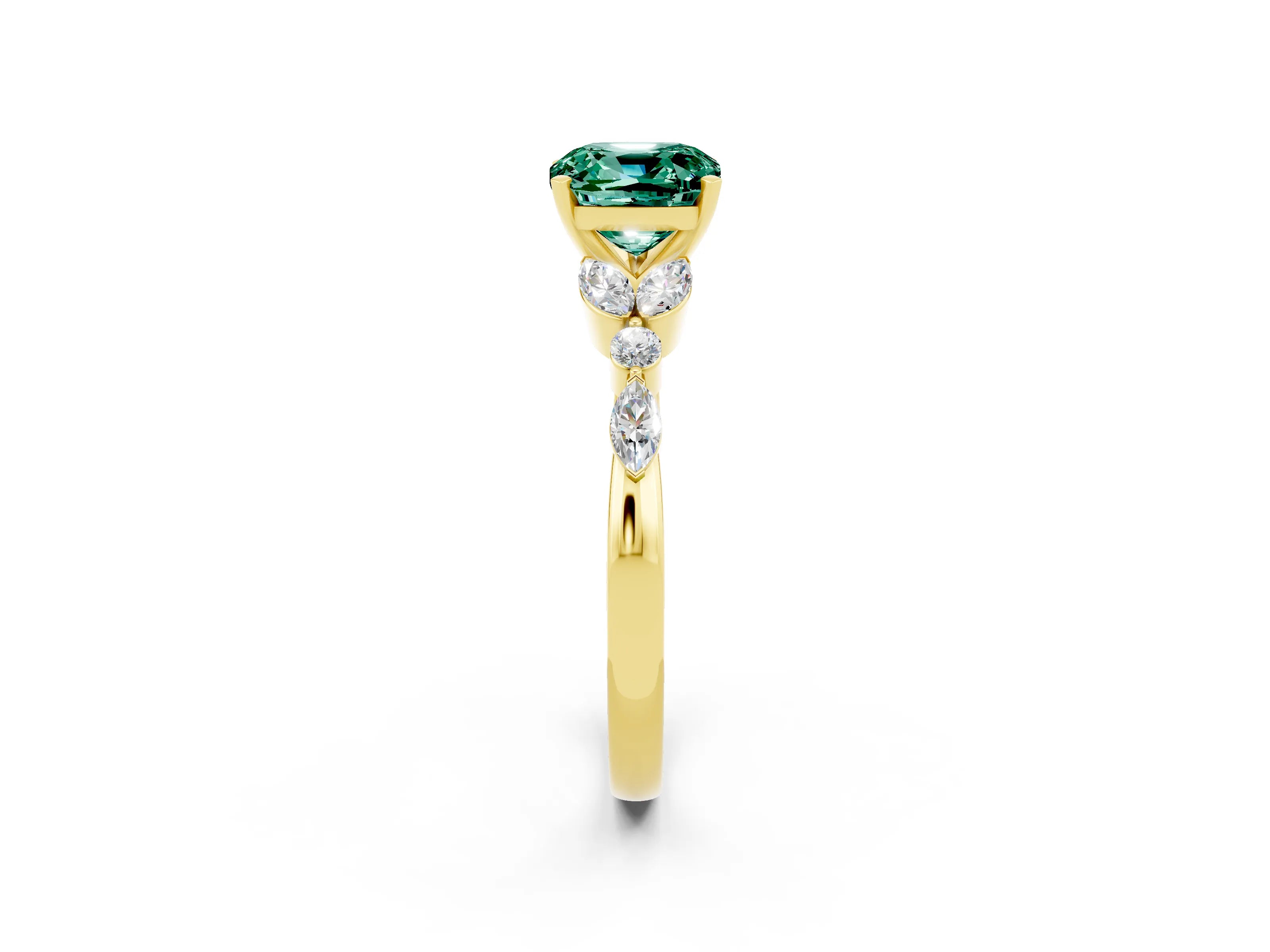 Yellow gold Cushion Cut Green Sapphire Solitaire Ring with Side Stones and Four-Prong Setting_14