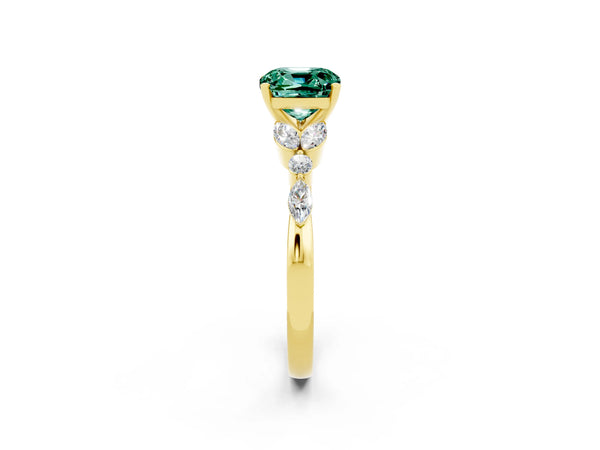 Yellow gold Cushion Cut Green Sapphire Solitaire Ring with Side Stones and Four-Prong Setting