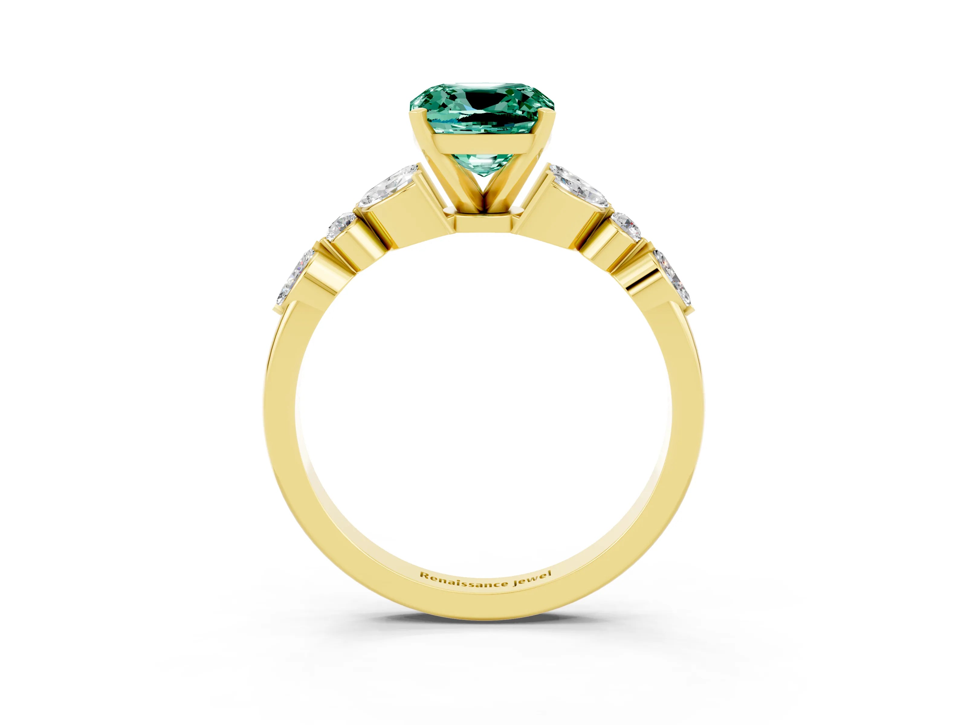 Yellow gold Cushion Cut Green Sapphire Solitaire Ring with Side Stones and Four-Prong Setting_15