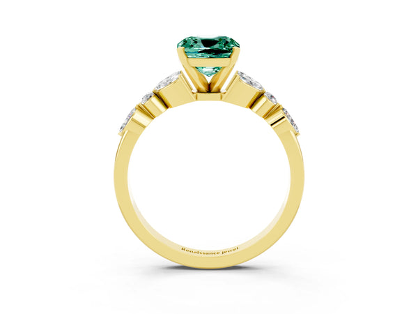 Yellow gold Cushion Cut Green Sapphire Solitaire Ring with Side Stones and Four-Prong Setting
