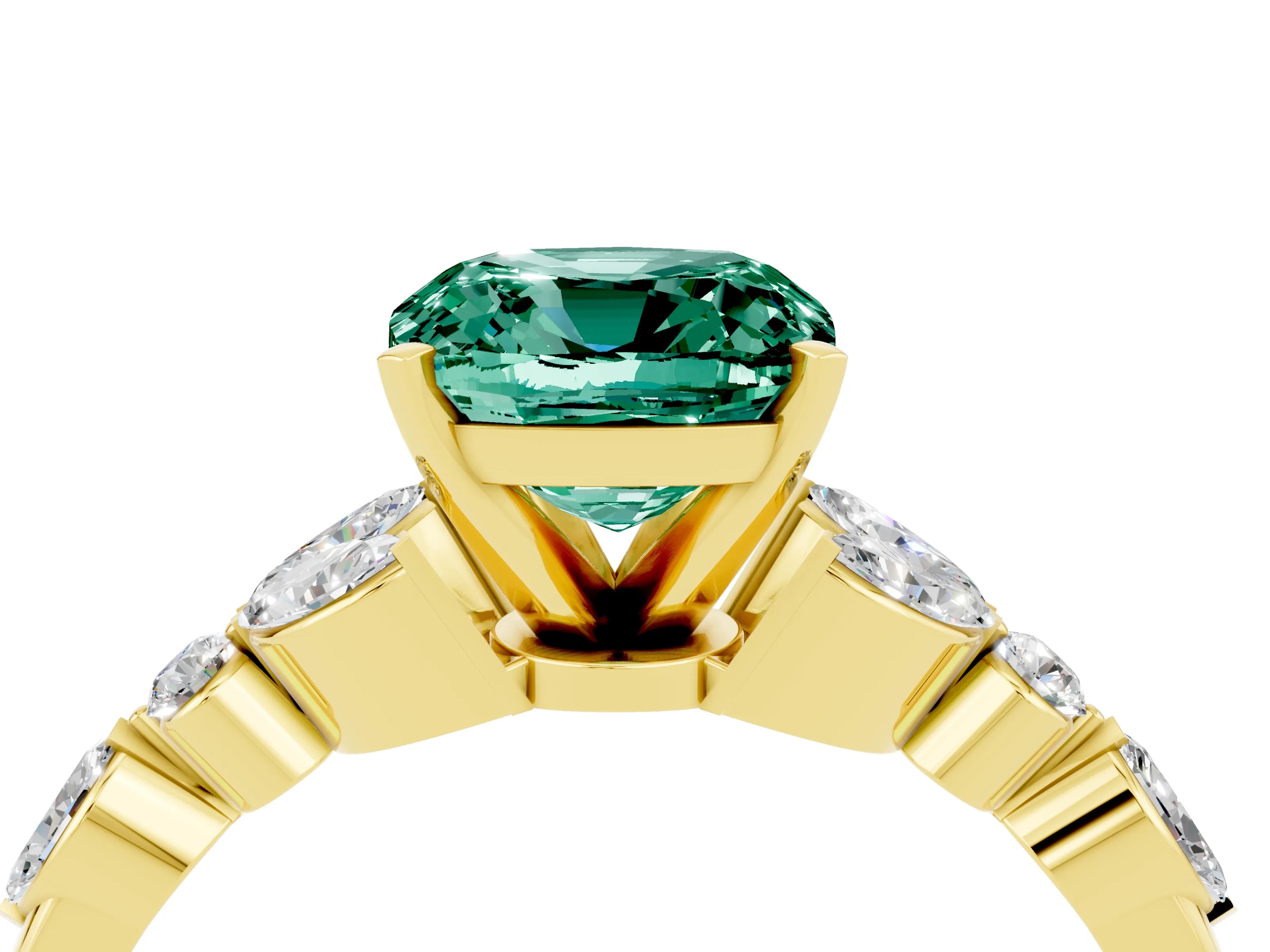 Yellow gold Cushion Cut Green Sapphire Solitaire Ring with Side Stones and Four-Prong Setting_16