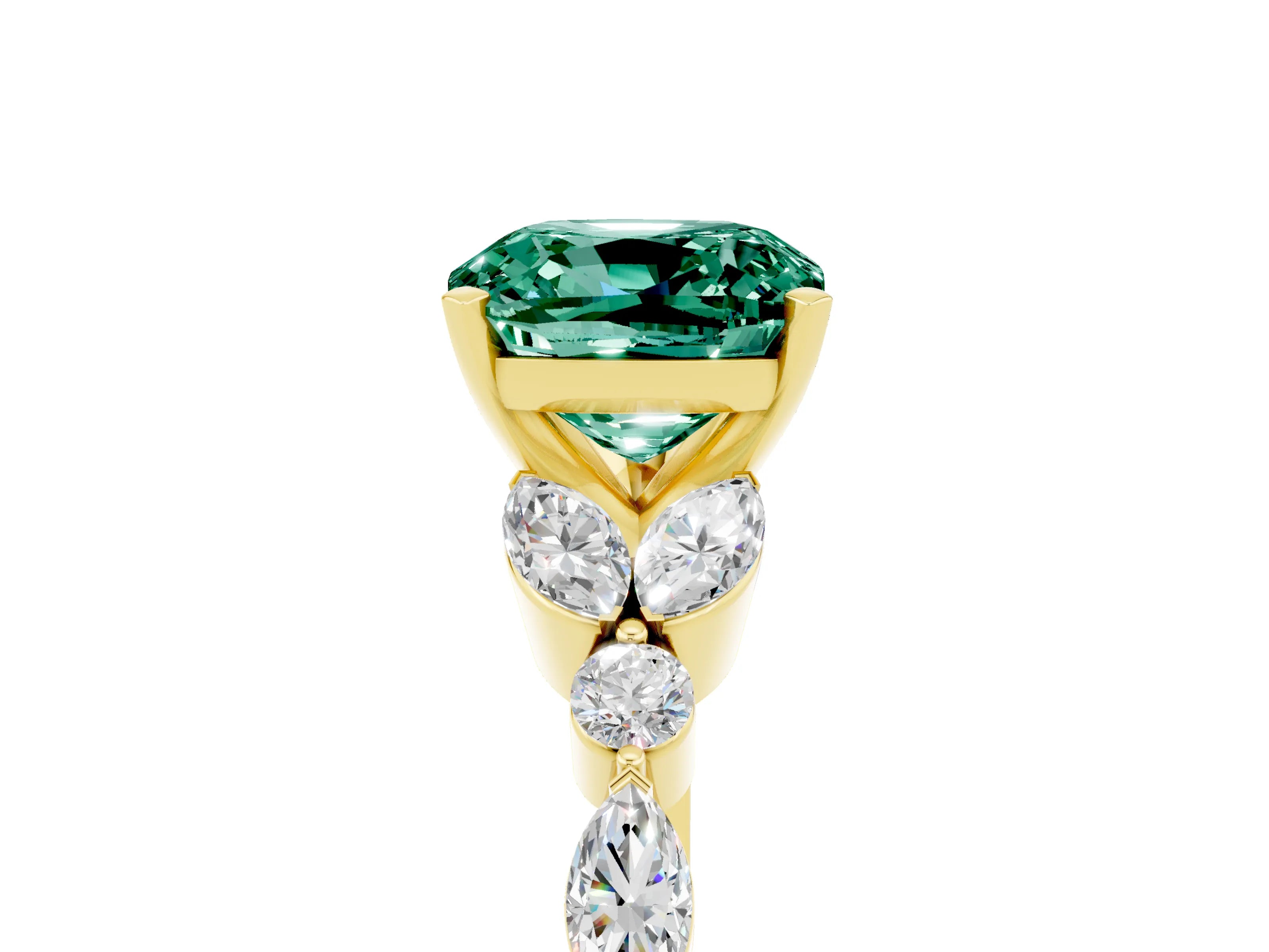 Yellow gold Cushion Cut Green Sapphire Solitaire Ring with Side Stones and Four-Prong Setting_17