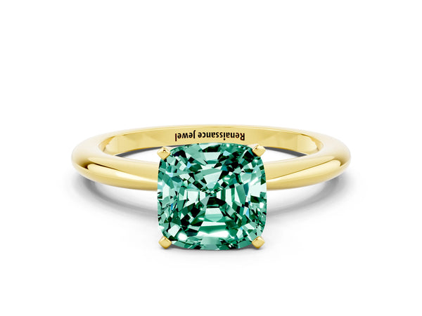 Yellow gold Cushion Cut Green Sapphire Solitaire Ring with Six-Prong Setting and Classic Band