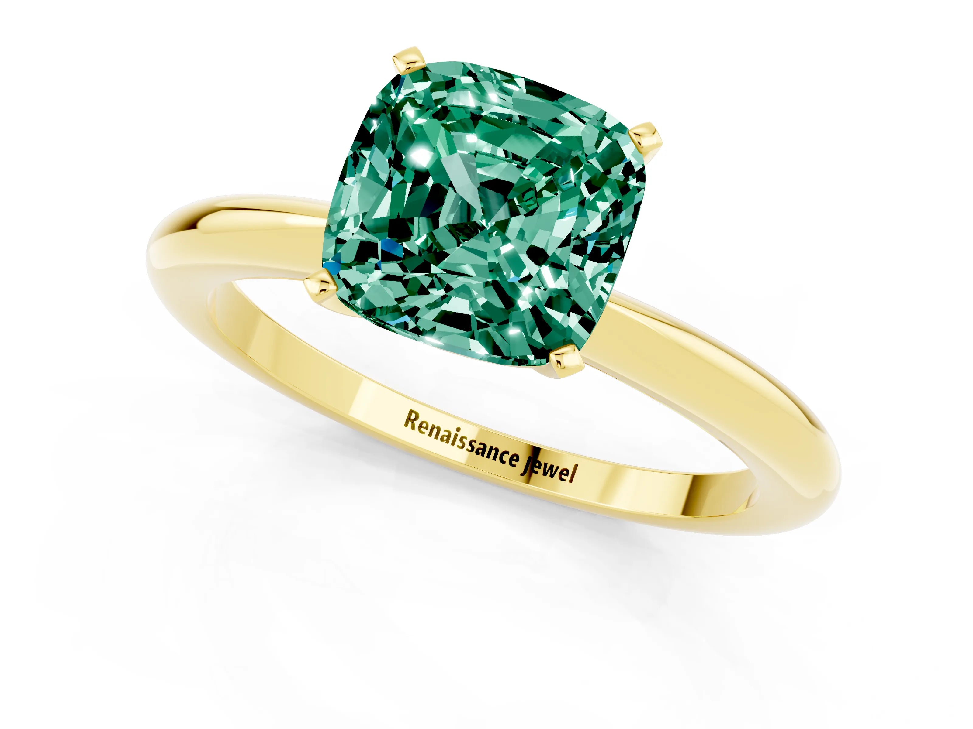 Yellow gold Cushion Cut Green Sapphire Solitaire Ring with Six-Prong Setting and Classic Band_1