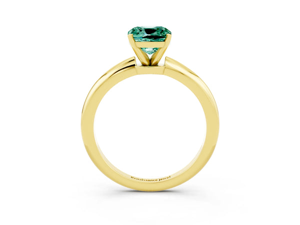 Yellow gold Cushion Cut Green Sapphire Solitaire Ring with Six-Prong Setting and Classic Band