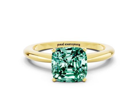 Yellow gold Cushion Cut Green Sapphire Solitaire Ring with Six-Prong Setting and Classic Band