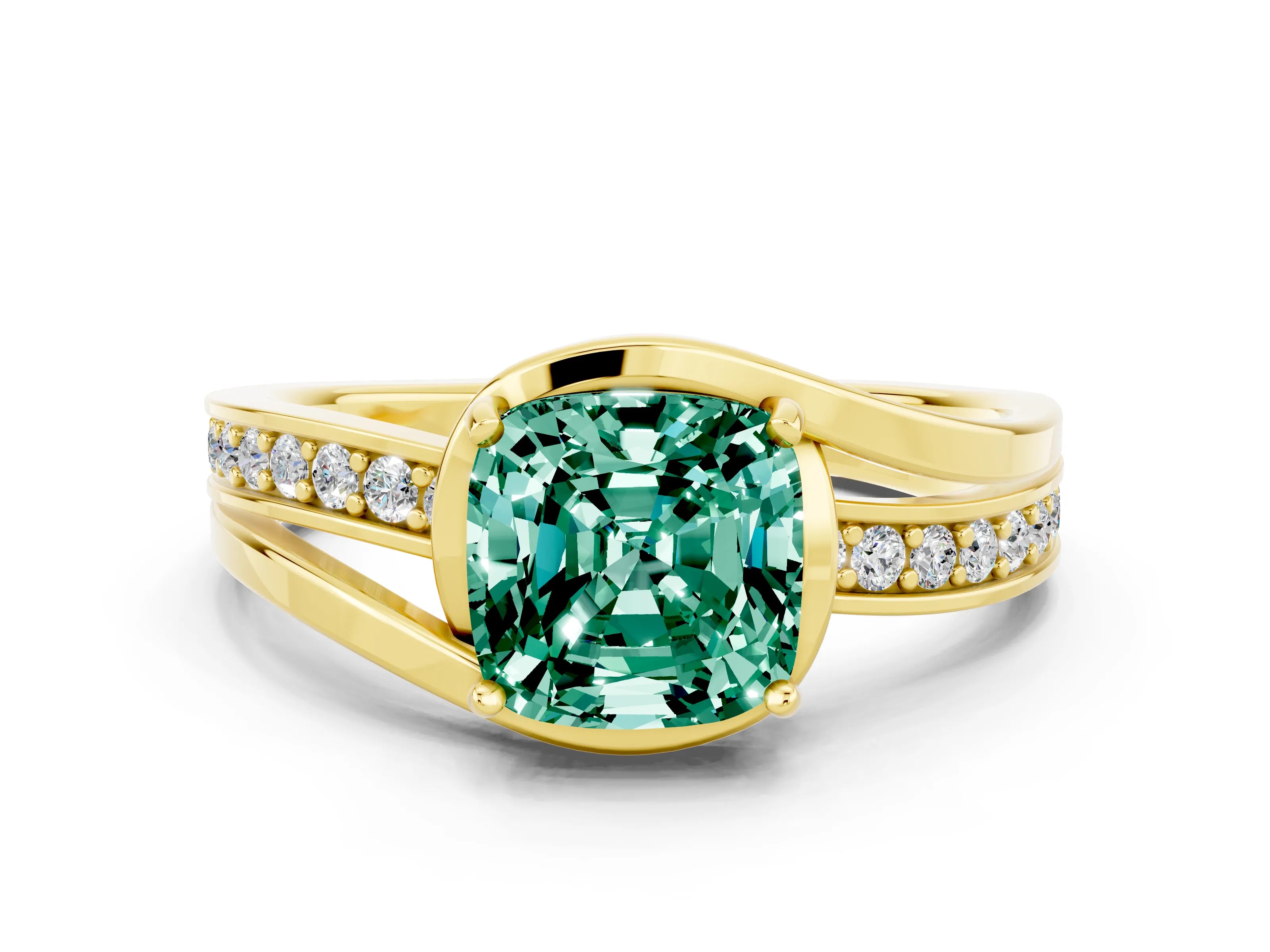 Yellow gold Cushion Cut Green Sapphire Solitaire Ring with Split Shank and Prong Setting