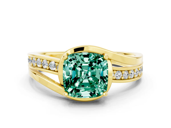 Yellow gold Cushion Cut Green Sapphire Solitaire Ring with Split Shank and Prong Setting