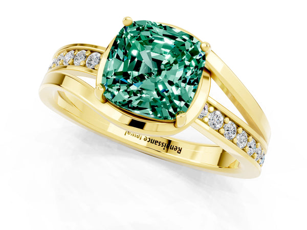 Yellow gold Cushion Cut Green Sapphire Solitaire Ring with Split Shank and Prong Setting