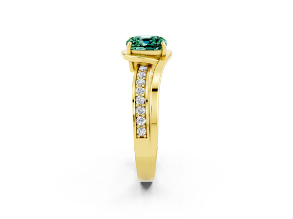 Yellow gold Cushion Cut Green Sapphire Solitaire Ring with Split Shank and Prong Setting