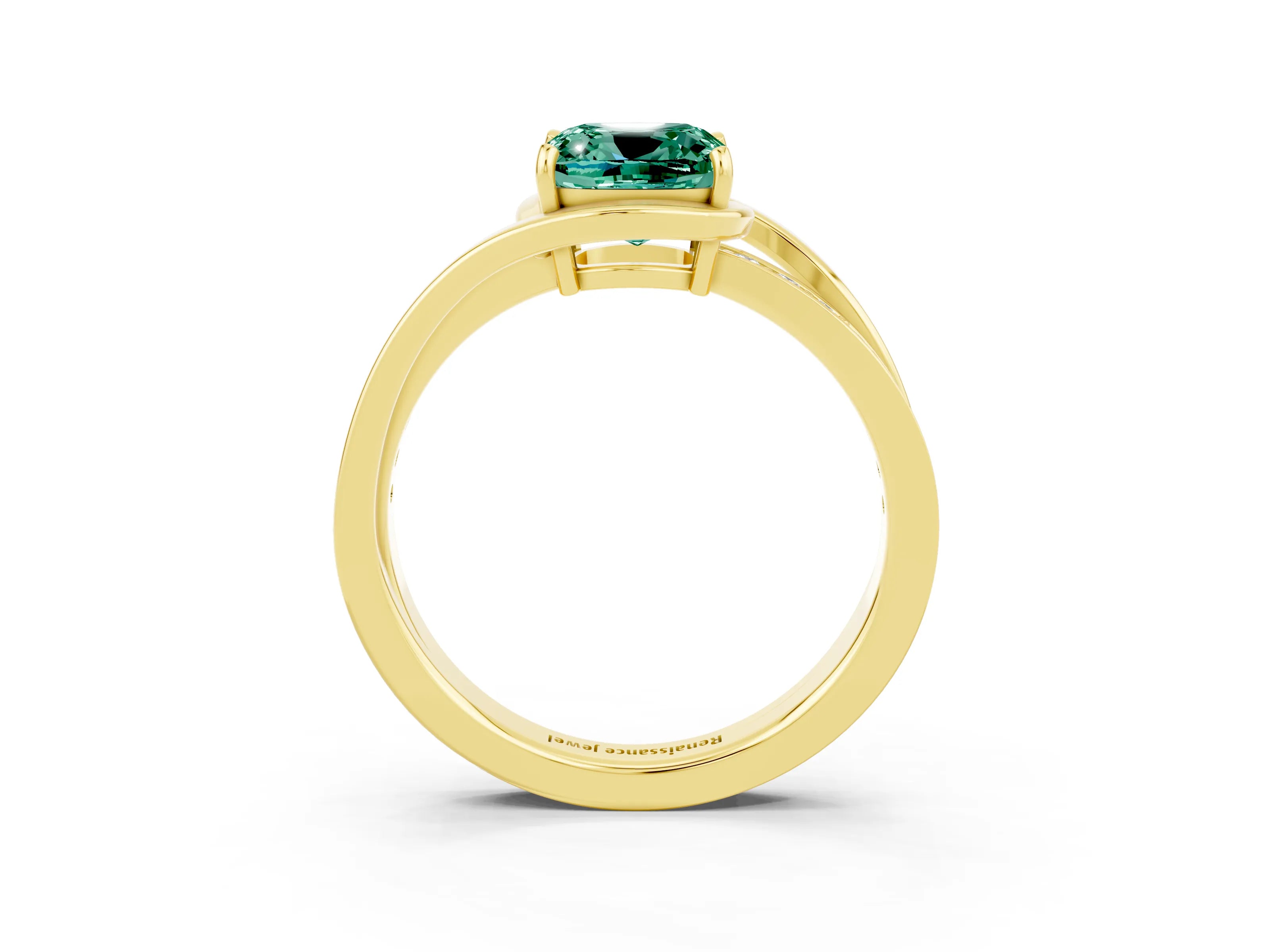 Yellow gold Cushion Cut Green Sapphire Solitaire Ring with Split Shank and Prong Setting_3