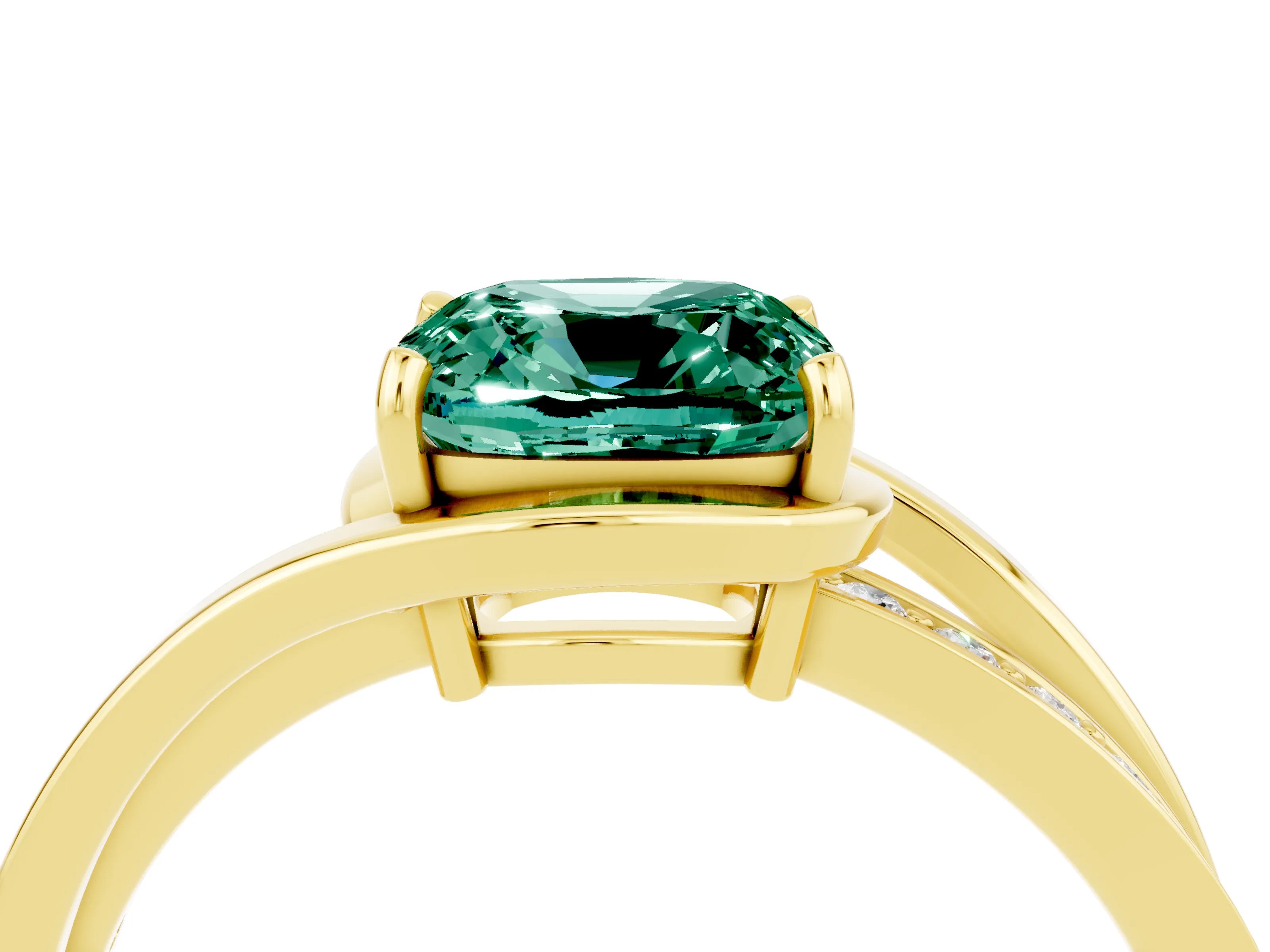 Yellow gold Cushion Cut Green Sapphire Solitaire Ring with Split Shank and Prong Setting_4
