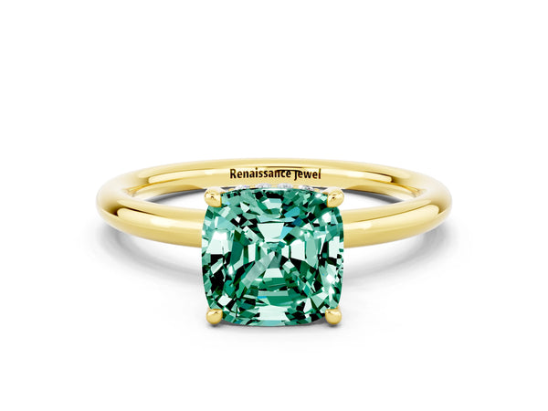 Yellow gold Cushion Cut Green Sapphire Solitaire Ring with Thin Band and Four-Prong Setting