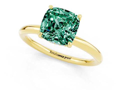 Yellow gold Cushion Cut Green Sapphire Solitaire Ring with Thin Band and Four-Prong Setting_1