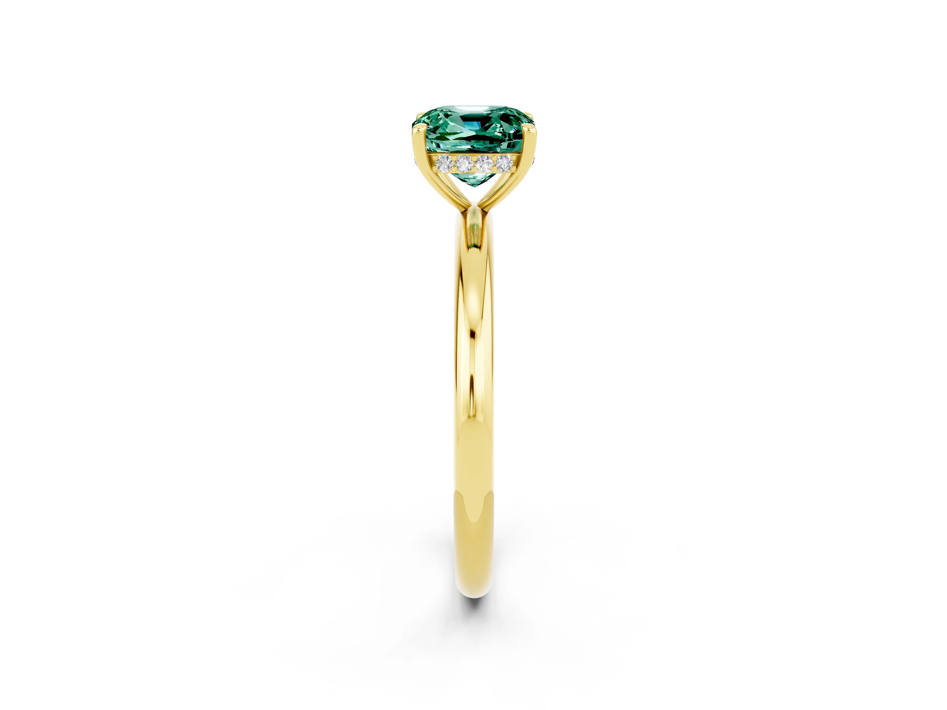 Yellow gold Cushion Cut Green Sapphire Solitaire Ring with Thin Band and Four-Prong Setting_2
