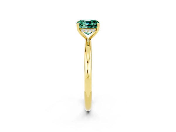 Yellow gold Cushion Cut Green Sapphire Solitaire Ring with Thin Band and Four-Prong Setting