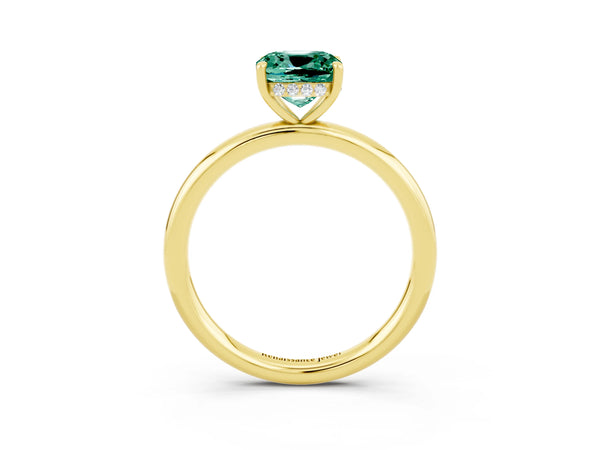 Yellow gold Cushion Cut Green Sapphire Solitaire Ring with Thin Band and Four-Prong Setting