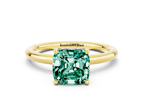 Yellow gold Cushion Cut Green Sapphire Solitaire Ring with Thin Band and Four-Prong Setting