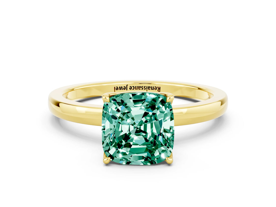 Yellow gold Cushion Cut Green Sapphire Solitaire Ring with Thin Band and Prong Setting_12