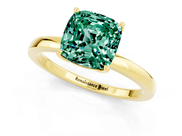 Yellow gold Cushion Cut Green Sapphire Solitaire Ring with Thin Band and Prong Setting