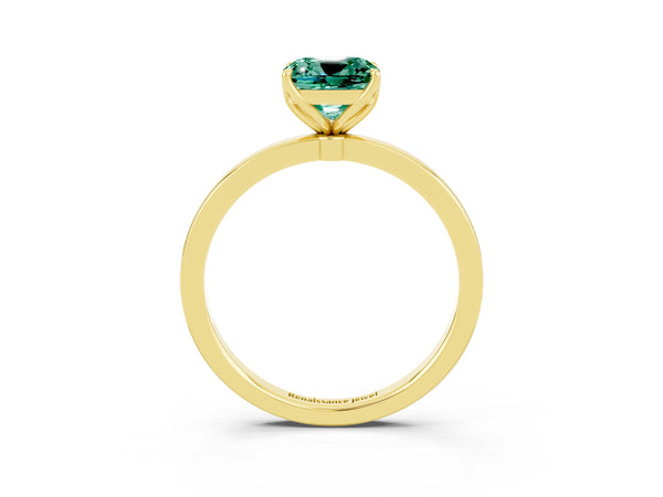Yellow gold Cushion Cut Green Sapphire Solitaire Ring with Thin Band and Prong Setting