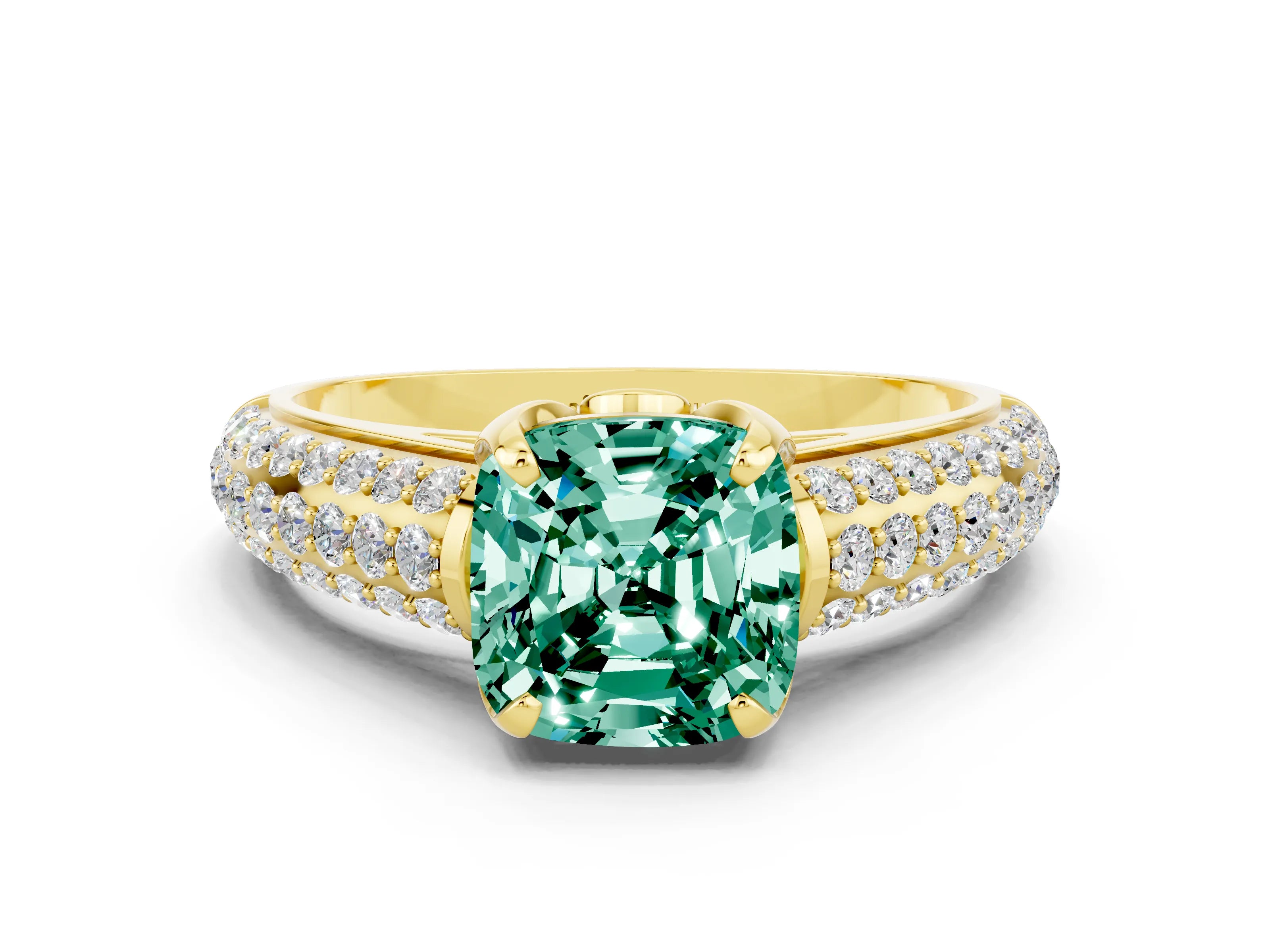 Yellow gold Cushion Cut Green Sapphire Solitaire Ring with Three-Row Pavé Band and Four-Prong Setting_12