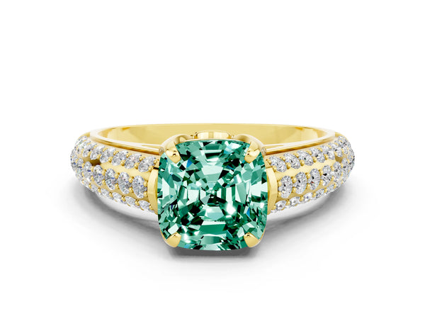 Yellow gold Cushion Cut Green Sapphire Solitaire Ring with Three-Row Pavé Band and Four-Prong Setting