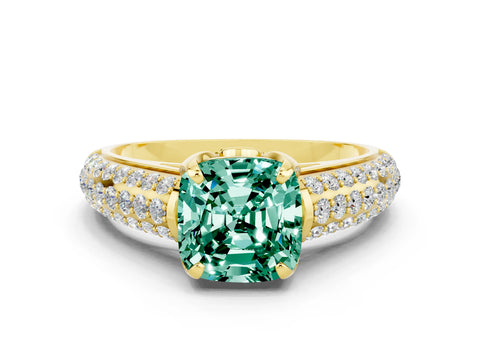 Yellow gold Cushion Cut Green Sapphire Solitaire Ring with Three-Row Pavé Band and Four-Prong Setting_12