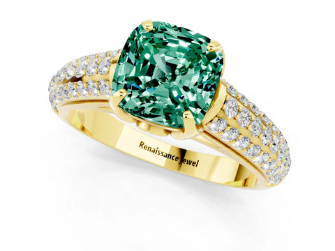 Yellow gold Cushion Cut Green Sapphire Solitaire Ring with Three-Row Pavé Band and Four-Prong Setting_13