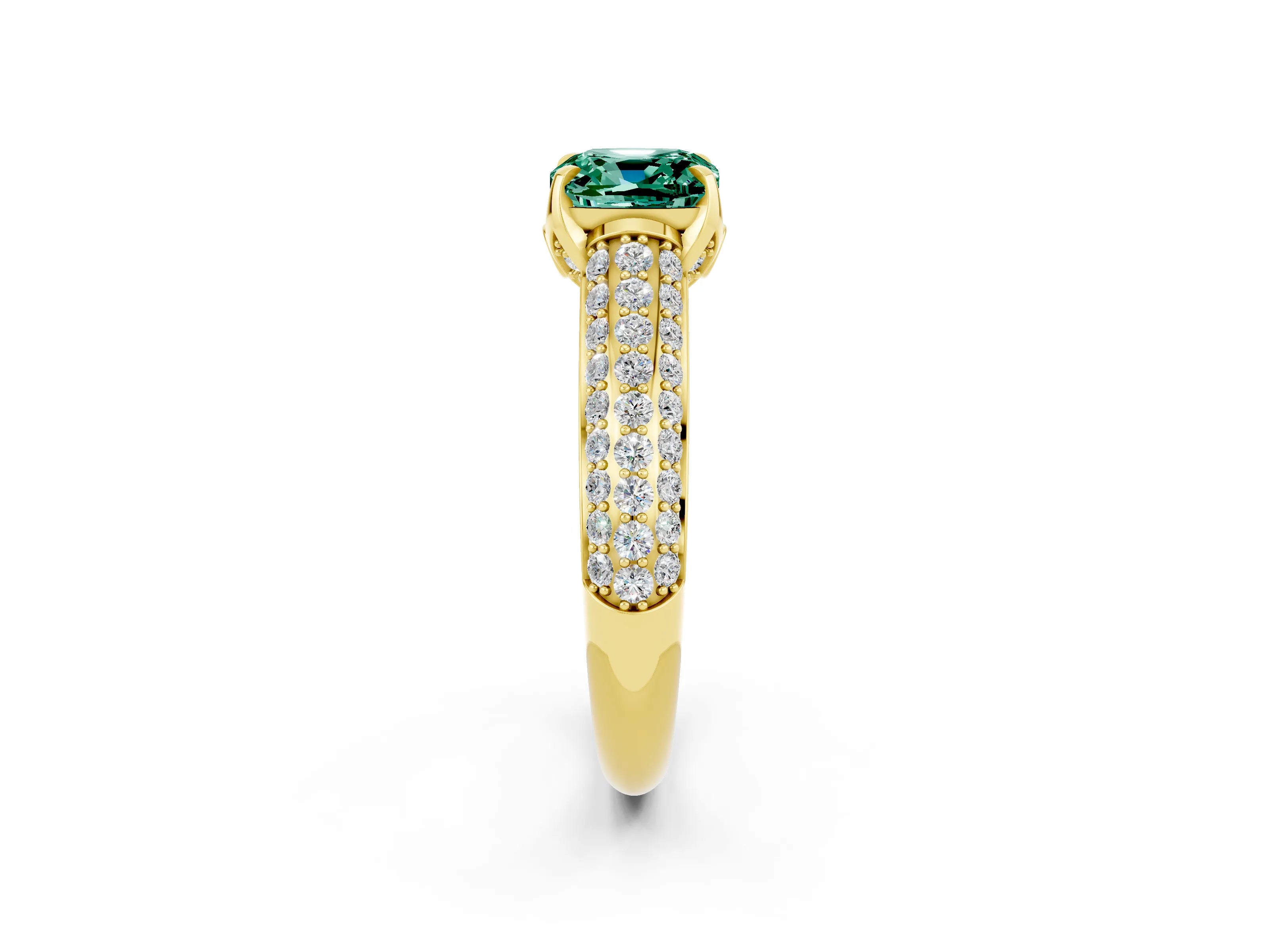 Yellow gold Cushion Cut Green Sapphire Solitaire Ring with Three-Row Pavé Band and Four-Prong Setting_14