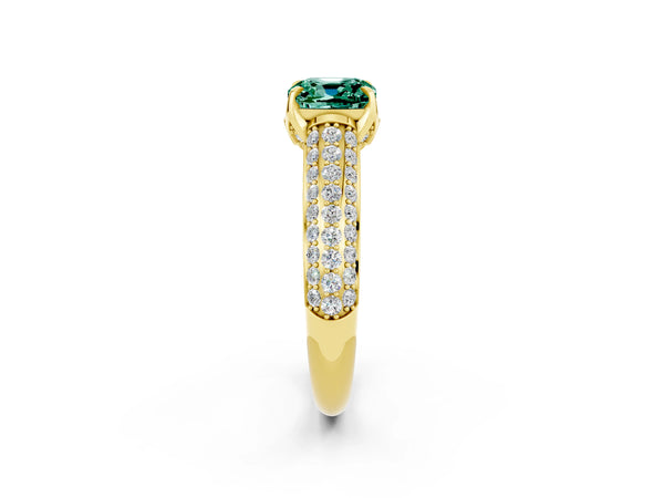 Yellow gold Cushion Cut Green Sapphire Solitaire Ring with Three-Row Pavé Band and Four-Prong Setting