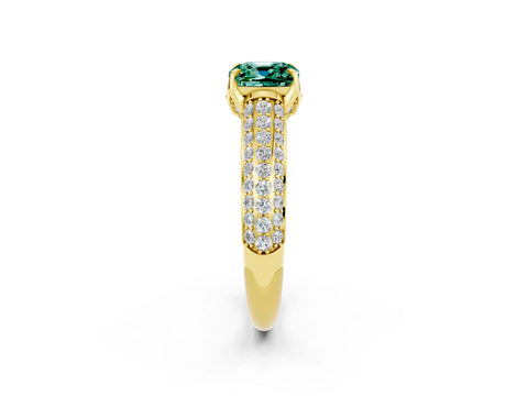 Yellow gold Cushion Cut Green Sapphire Solitaire Ring with Three-Row Pavé Band and Four-Prong Setting_14